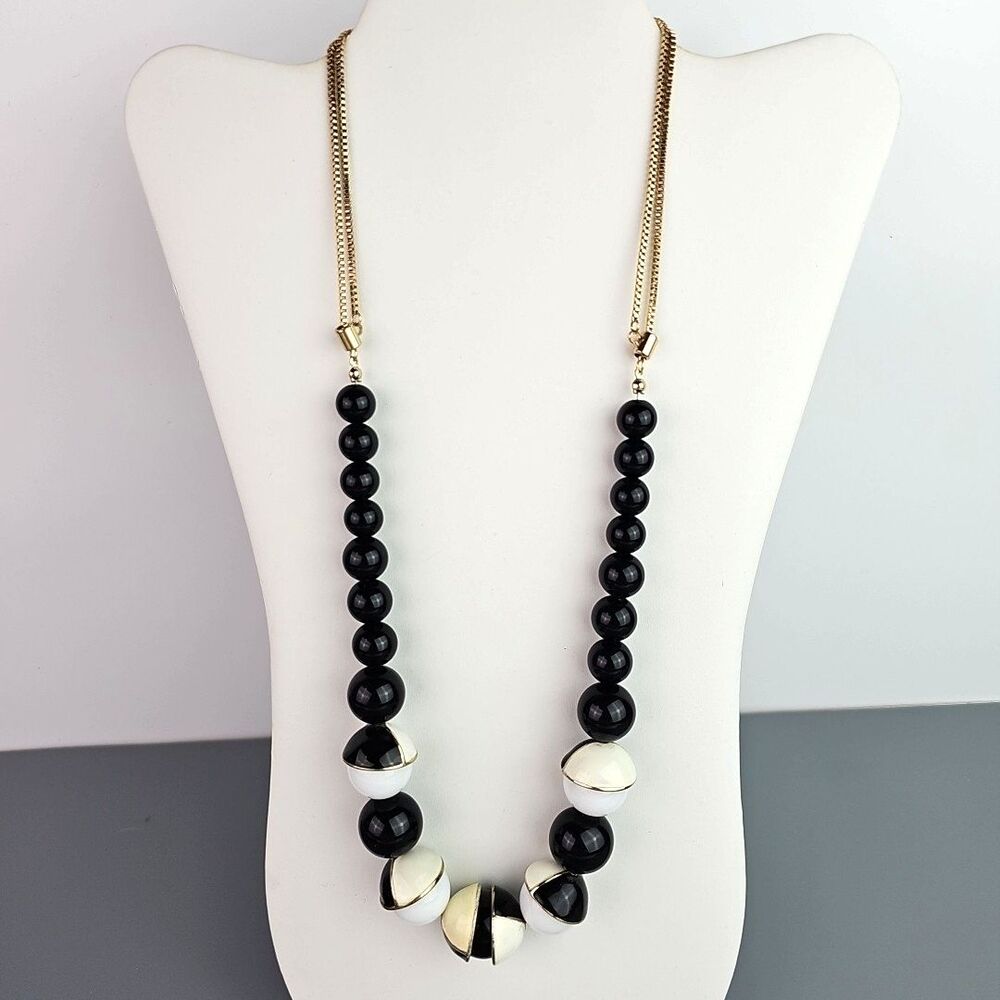 Black White Tan Necklace Beads Gold Tone Adjustable Chain Geometric Graduated